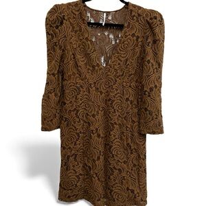 Free People Brown Lace Puff Sleeve Mini Dress Deep V Neckline  Sz Small